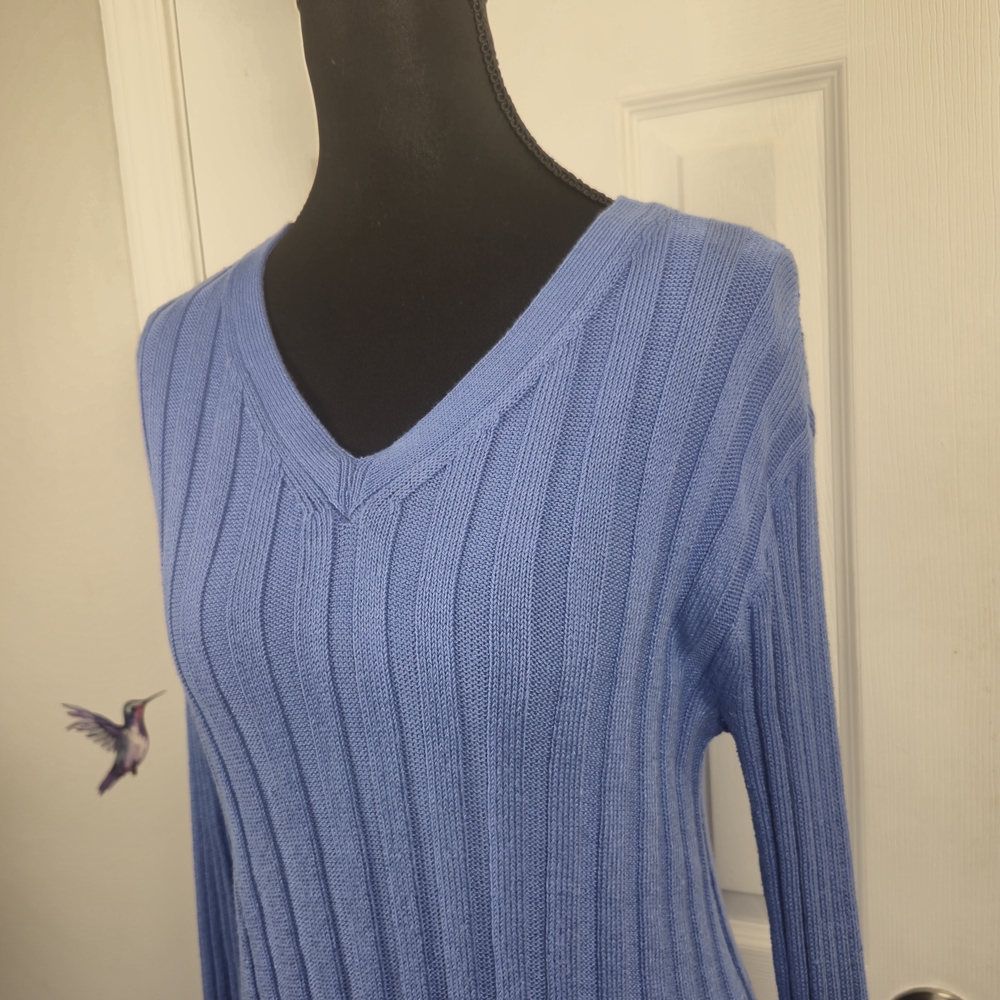 Talbots Blue Ribbed V-Neck Cotton Linen Knit Sweater Size Medium - Picture 5 of 7